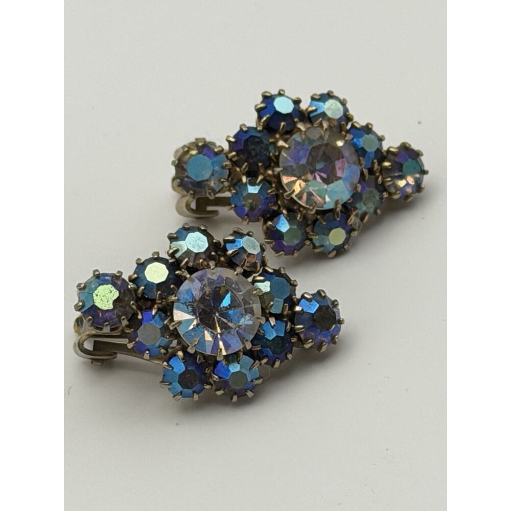 Vintage Blue Aurora Borealis Rhinestone Floral Cluster Clip-On Earrings